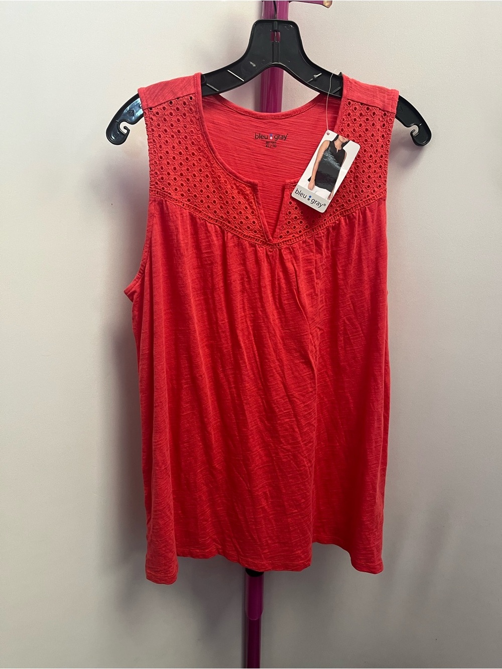 Bleu + Gray Sleeveless Crochet Yoke Tank in red orange